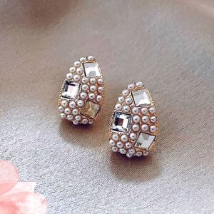 Crystal and Sim Pearl Curved Studs Chic Wedding Party Date Minimalist